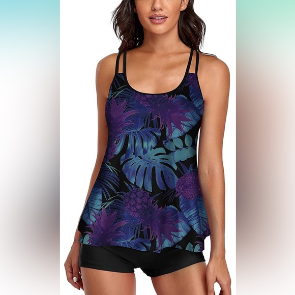 2025 Tankini 2 Piece Swimsuits‎ Tummy Control Flowy Swimwear Top + Boy Shorts L - Picture 1 of 3